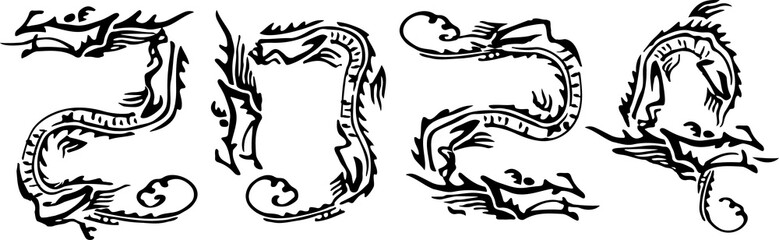黒い2024の龍のイラスト文字、辰年のお正月素材