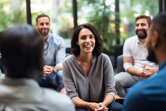 Professional therapists conduct an open group session and a comforting smile, emphasizing the importance of mental health and counseling. Generative ai