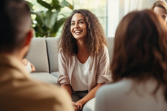 Professional therapists conduct an open group session and a comforting smile, emphasizing the importance of mental health and counseling. Generative ai