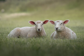 Fototapeta premium two sheep are lying in a field on the green tall grass