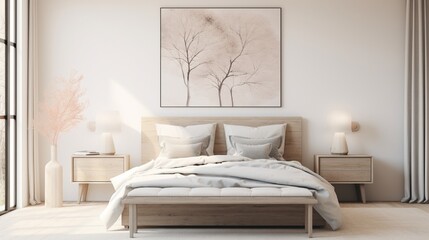 interior of bedroom with bed and poster frame on wall generated by AI tool 