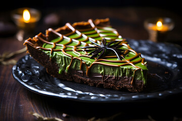 A spooky spiderweb chocolate tart with a gooey green "witches' brew" center. Generative Ai.NO.04