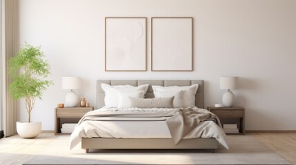 interior of bedroom with bed and poster frame on wall generated by AI tool 