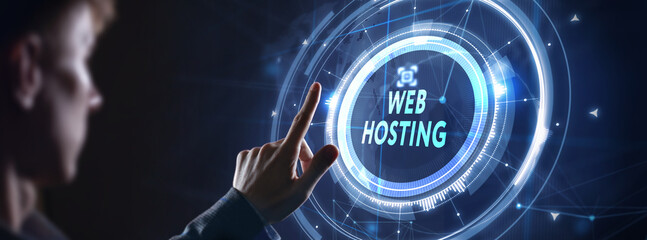 Web Hosting. The activity of providing storage space and access for websites. Business, modern technology, internet and networking concept.