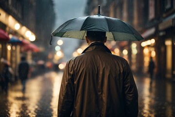 Man with umbrella walk through the heavy rain storm - obrazy, fototapety, plakaty
