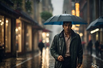 Man with umbrella walk through the heavy rain storm