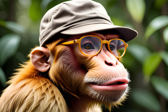 Image of a smart monkey portrait wearing glasses and a hat