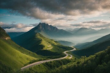 Fototapeta premium A mountain road, surrounded by towering mountains and lush forests