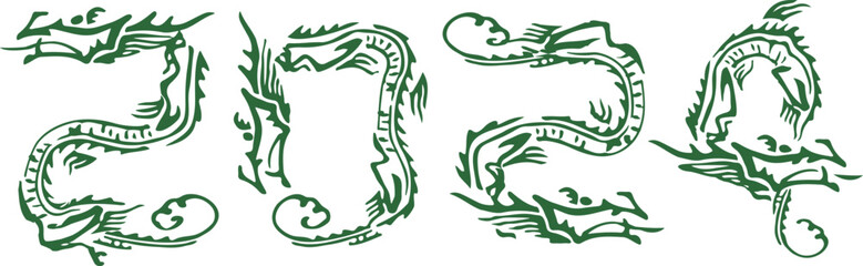 緑の2024の龍のイラスト文字、辰年のお正月ベクター素材 - obrazy, fototapety, plakaty