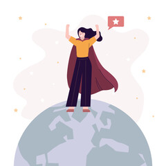 Super business woman. Successful hero businesswoman standing on globe. Success, leadership and victory in business. Confident girl in suit and red cloak on top of the world.