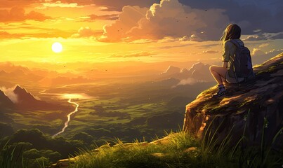 The anime girl sat on the edge of the cliff, her eyes gazing into the distance.