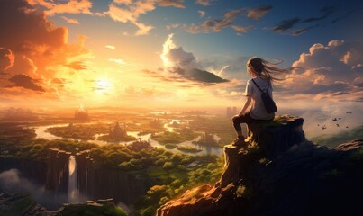 Lost in her thoughts, the anime girl contemplated life's mysteries on the edge of the cliff.