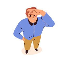 Surprised man looking up, staring, wondering, top above view, overhead. Person standing, watching, shocked amazed face, amazement emotion. Flat vector illustration isolated on white background