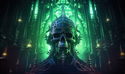 Immerse yourself in the atmospheric grandeur of a cathedral's gothic altar, where the presence of a skull adds an air of mystery and contemplation.