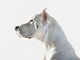 Obraz na płótnie Canvas profile of a white dogo argentino in the light, on the white background, silhouette lighting
