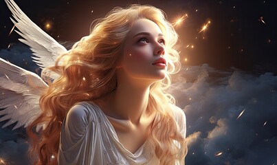A celestial portrait of a young woman adorned in angelic attire, her peaceful countenance and ethereal glow captivating the viewer. - obrazy, fototapety, plakaty