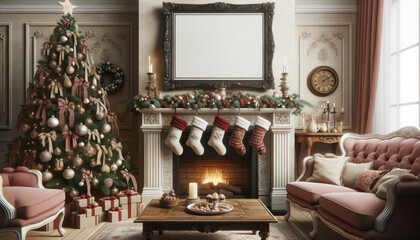 Merry Christmas and happy new year postcard mock up with copy space. Holiday concept. Christmas tree, fireplace, armchair in Modern holiday room interior. Mockup poster. Ai generative.