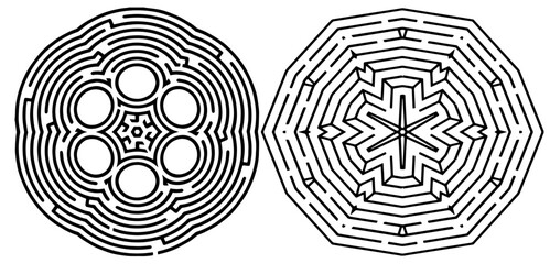 two round mazes with star patterns