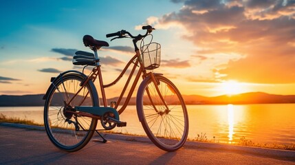 silhouette of a bike on beach on sunset generated by AI tool