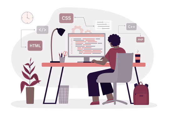 African american woman programmer or coder sitting at desk and working. Website designer, developer social media wireframe. front-end and back-end programming,