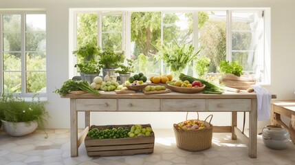 A pristine, white-washed kitchen with a rustic wooden table adorned with an assortment of freshly harvested, sun-kissed vegetables