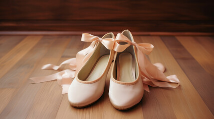 satin pink ballet shoes, pointe shoes lying on the floor, footwear, store, shopping, fashion, beige, background, backstage, ballerina outfit, fashion, style, clothing, wardrobe