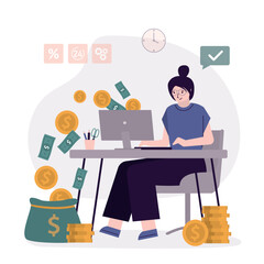 Businesswoman or freelancer working remotely at computer. Concept of remote work and freelance. Home office. Making money online. Money flow falling in bag from computer display.