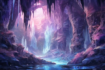 Naklejka premium Harmonious waterfalls of glowing crystals, cascading with soothing melodies - Generative AI