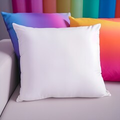 Pride month concept, Black square white polyester Throw pillow mockup in rainbow minimalistic living room on sofa, books, lamps and potted plants, shelf, nordic, lgbt community background