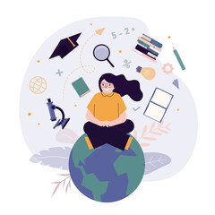 School girl sitting on globe and school supplies around her - backpack, textbooks, notepads and stationery items. Little student portrait, back to school background.