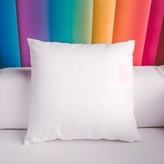 Pride month concept, Black square white polyester Throw pillow mockup in rainbow minimalistic living room on sofa, books, lamps and potted plants, shelf, nordic, lgbt community background