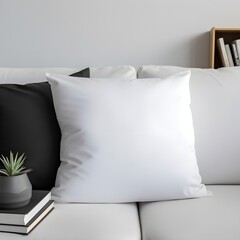 Black square white polyester Throw pillow mockup in Black and grey minimalistic living room on sofa, books, lamps and potted plants, shelf