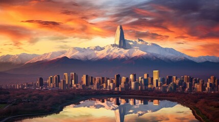 An aerial perspective capturing the sunset's golden glow casting a radiant reflection off a towering skyscraper, framed by the sprawling cityscape, while the majestic Andes Mountain - obrazy, fototapety, plakaty