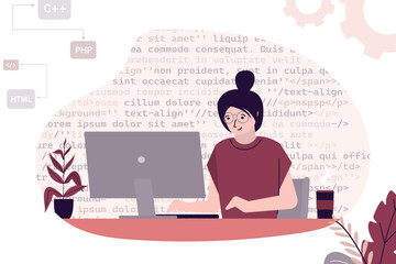 Woman programmer or coder sitting at desk and working on computer. Website designer, developer social media wireframe. Front-end and back-end programming,