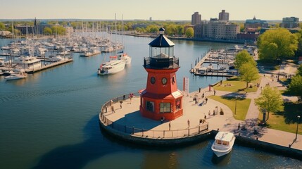 A bird's-eye view of the historic Seven Foot Knoll Lighthouse, situated in the inner harbor of downtown Baltimore, Maryland, United States - obrazy, fototapety, plakaty