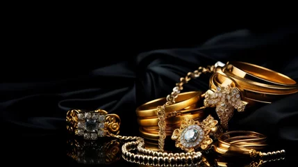 Foto op Plexiglas A collection of stunning gold jewelry elegantly arranged against a sophisticated black backdrop, creating a visually captivating composition with ample space for text or additional elements © Chingiz
