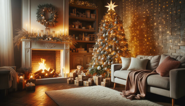 Merry Christmas and happy new year postcard mock up with copy space. Holiday concept. Christmas tree, fireplace, armchair in Modern holiday room interior. Silver colors. Ai generative.