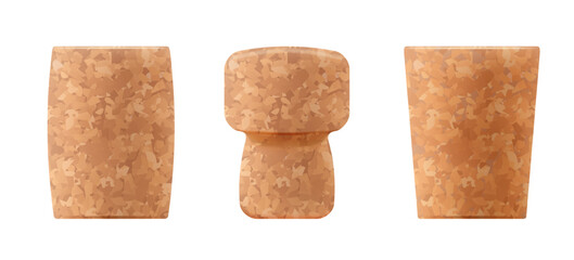 Set of realistic cork wood wine stoppers with texture isolated on white background. Vector illustration
