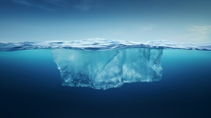 An iceberg peacefully adrift in crystal-clear blue waters, concealing potential hazards beneath the surface, illustrating the concept of hidden danger and global warming. The ice floe afloat - obrazy, fototapety, plakaty