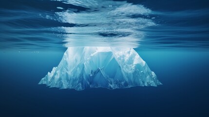 An iceberg peacefully adrift in crystal-clear blue waters, concealing potential hazards beneath the surface, illustrating the concept of hidden danger and global warming. The ice floe afloat