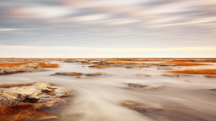 Fototapeta na wymiar An impressionistic photograph capturing the scenic shoreline of Hudson Bay, Churchill, Manitoba, Canada. This image was created using a panning technique with a slow shutter speed