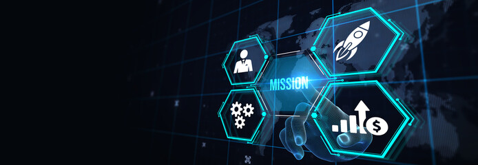 Mission concept. Financial success concept on virtual screen. Business, technology, internet and networking concept. 3d illustration