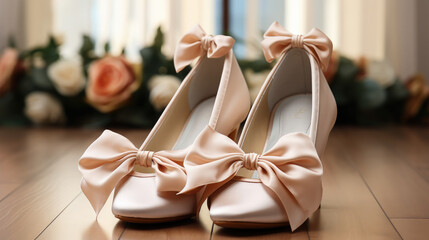 satin pink high-heeled wedding shoes stand on the floor, bride's outfit, footwear, delicate beautiful background, feminine, ballet dancing shoes, bow, ribbon, beige