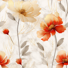 Seamless watercolor flowers in red and yellow pattern background