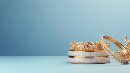 A panoramic view of a collection of golden bracelets and a ring elegantly arranged on a white box against a captivating blue background, providing ample copy space for text or additional elements