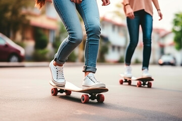 Cropped photo of female skateboarders in baggy jeans - obrazy, fototapety, plakaty