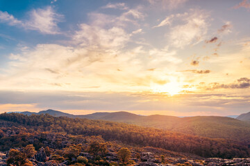 The iconic Pinnacle lookout with stunning Grampians National Park mountains view at sunset time,...