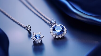 Exquisite women's platinum necklace and earrings featuring the brilliance of diamonds and the allure of blue sapphire stones, showcased against a rich silk blue background in a captivating close-up - obrazy, fototapety, plakaty