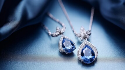 Exquisite women's platinum necklace and earrings featuring the brilliance of diamonds and the allure of blue sapphire stones, showcased against a rich silk blue background in a captivating close-up - obrazy, fototapety, plakaty