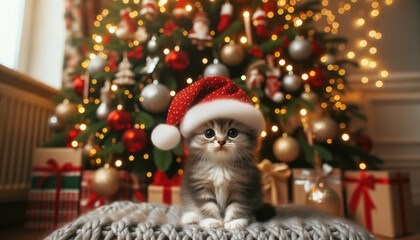 New year present concept. A kitten under the Christmas tree. Cat in Santa hat. Ai generative.